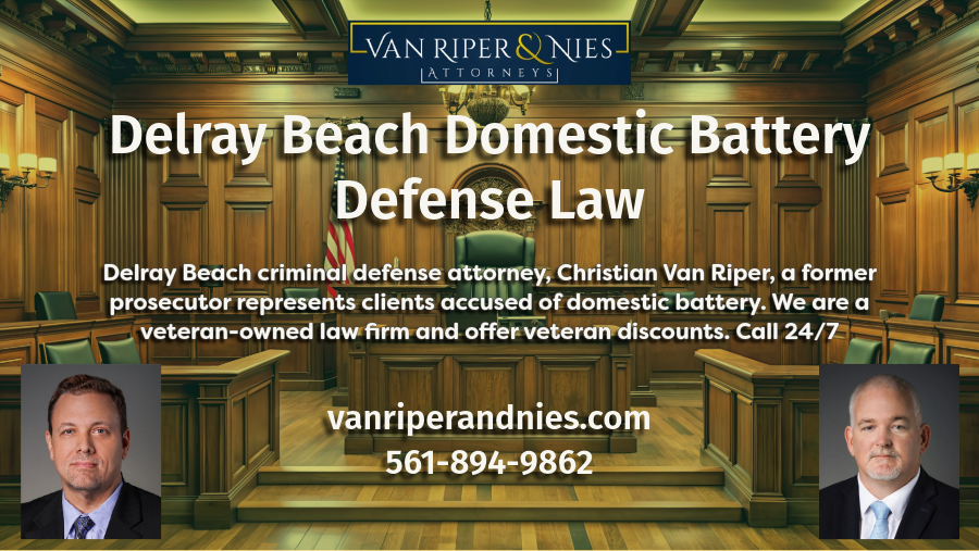 Background photo of Florida Criminal Courtroom with photos of Delray Beach FL criminal defense lawyers with text regarding Delray Beach Domestic Battery Defense Law