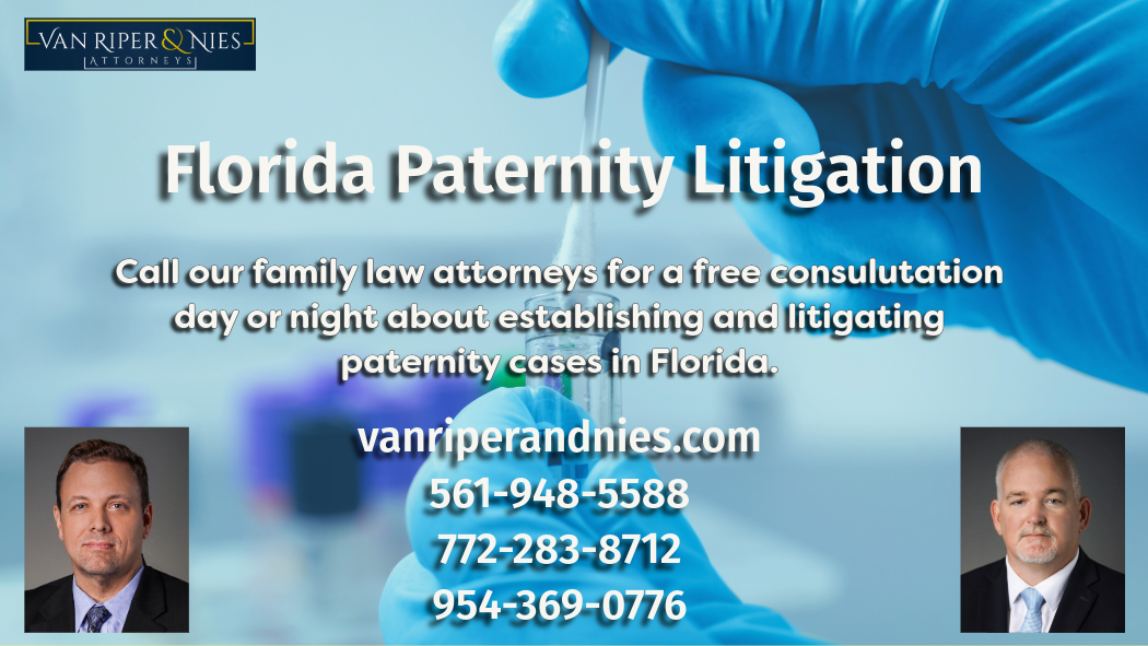 Photo of DNA test with photos of florida family law attorneys and text regarding Florida Paternity Litigation
