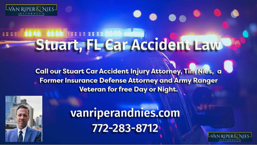 Photo of police cars at a car accident scene, a photo of Tim Nies a Stuart FL car accident lawyer and text regarding Stuart FL car accident law