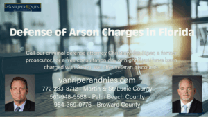 Photo of scales of justice with photos of two Florida lawyers with wording regarding defense of arson charges in Florida