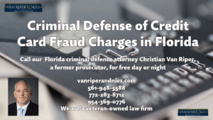 Photograph of a credit card with photo of criminal defense attorney and text regarding defense of credit card fraud in Florida