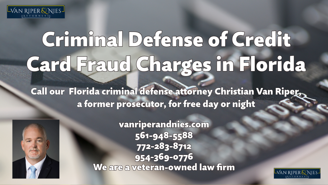 Photograph of a credit card with photo of criminal defense attorney and text regarding defense of credit card fraud in Florida