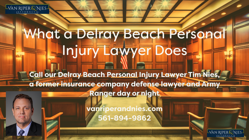 Photo of Courtroom with photo of personal injury lawyer Tim Nies with contact information and text about Delray Beach personal injury law