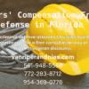 Photo of two Florida Attorney with construction helmet, lawyer logo and text regarding workers' compensation fraud defense