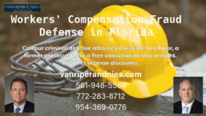 Photo of two Florida Attorney with construction helmet, lawyer logo and text regarding workers' compensation fraud defense