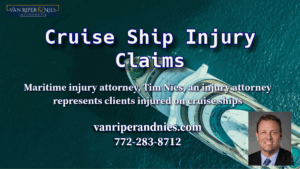 Photo of a cruise ship with photo of Tim Nies a maritime injury attorney with text about cruise ship injury claims