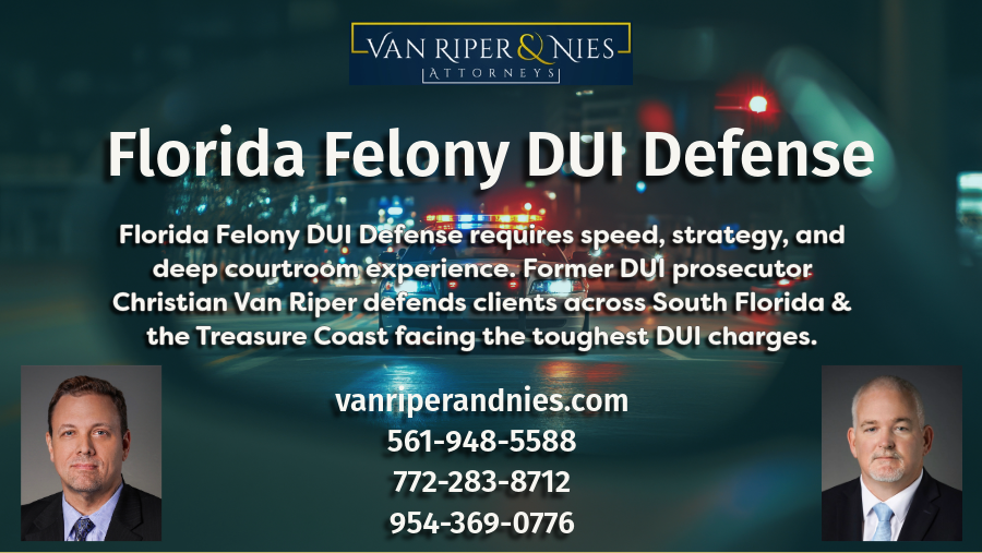 Photo of police car at night with lights on pulling car over with photos of Florid Felony DUI Defense Lawyers and text on felony DUI defense