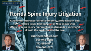 Photo of spine injury and lumbar MRI and photo of Florida personal injury lawyers with text regarding spine injury law