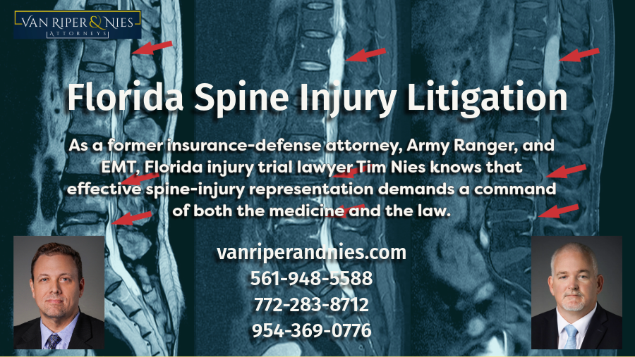 Photo of spine injury and lumbar MRI and photo of Florida personal injury lawyers with text regarding spine injury law