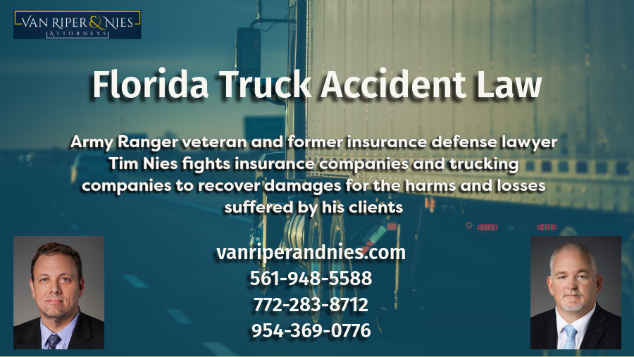 Photo of a semi truck and photos of Florida Truck Accident Injury Lawyers with text regarding Florida Truck Accident Law