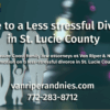 Photo of cutouts of a couple with a child in front of a Judge gavel with photos of St Lucie County Divorce Attorneys and text regarding a guide to a less stressful divorce in st lucie county