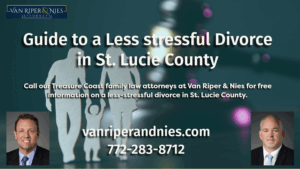 Photo of cutouts of a couple with a child in front of a Judge gavel with photos of St Lucie County Divorce Attorneys and text regarding a guide to a less stressful divorce in st lucie county