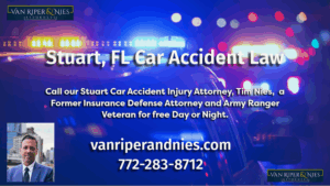 Photo of police cars at a car accident scene, a photo of Tim Nies a Stuart FL car accident lawyer and text regarding Stuart FL car accident law