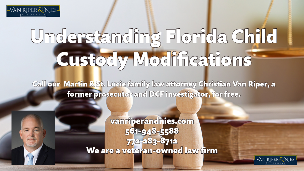 Photograph of gavel in family law court with figurines of a family and family law attorney photograph with words relating to Florida law of child custody modification