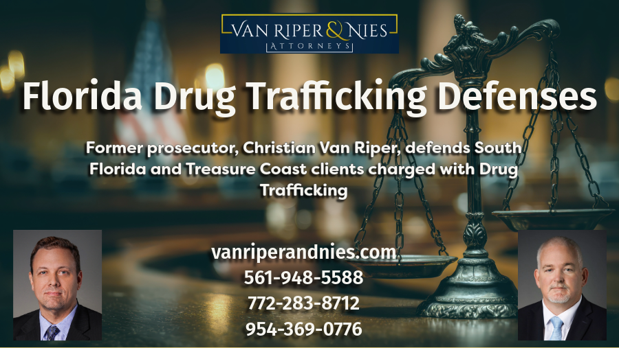 Photo of Florida Courtroom with photos of South Florida and Treasure Coast criminal defense lawyers with text regarding Defenses to Florida Drug Trafficking Charges