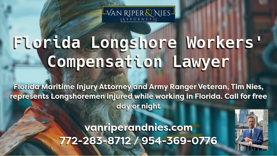 Photo of Florida Longshoreman at a port with photo of Longshore Claimant Attorney Tim Nies with text regarding Florida Longshore Workers Compensation Law