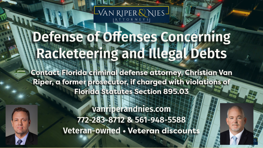 Photo of West Palm Beach Courthouse with photos of criminal defense lawyers and text on defense of offenses concerning Racketeering and Illegal Debts