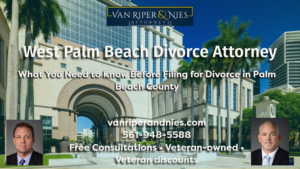 Photo of Palm Beach County Courthouse with photos of two Florida family law attorneys and text regarding filing for divorce in Palm Beach County Florida